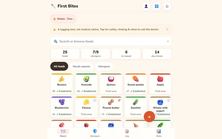 First Bites: baby food and allergen tracker
